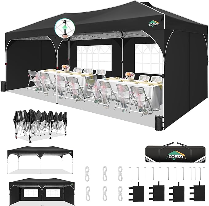 COBIZI 10x20 Pop Up Canopy Tent with 4 Sidewalls, Instant One-Push Setup, Commercial Canopy with Air Vent & Reflective Strip, UPF 50+ Waterproof Party Tent with Sandbags & Stakes for Events (Black)
