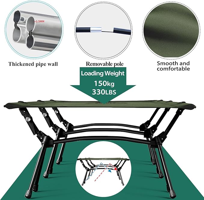 OSWIN Adult Backcountry Camping cot with Leg Extension, rollaway Camping cot, Ultralight Folding Backpack Bed, Support 330-pound, Portable Camping Bed Outdoor Hiking RV Beach（Green）
