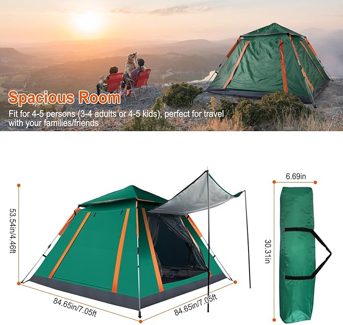 4-6 Person Pop-Up Camping Tent, Portable Instant Setup Family Tent with 2 Windows, for Hiking, Backpacking & Outdoor Adventures, Waterproof & Windproof