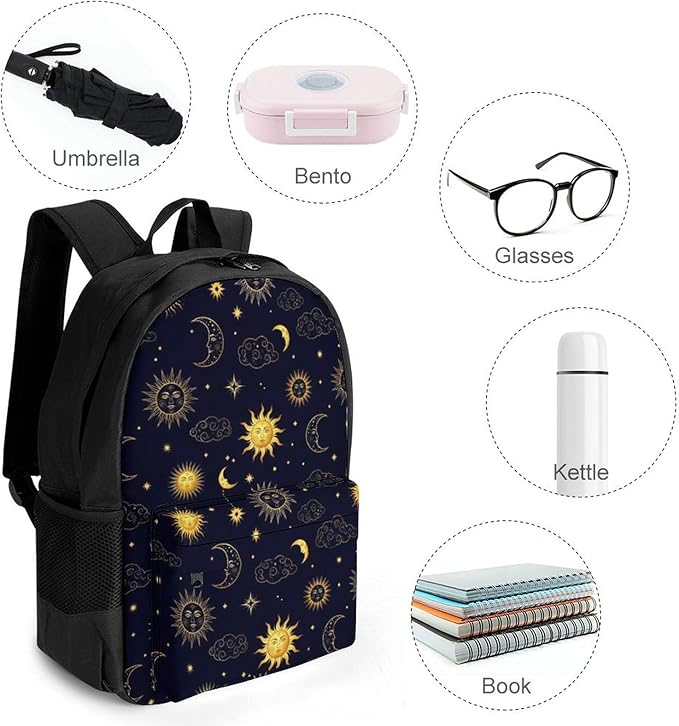 Supdreamc Men Women Lightweight Sun Moon Boho Astrology Backpack Large Capacity Bookbag With Smooth Zippers for Gym Business Running