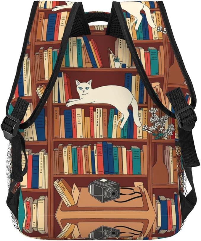 Daypack Bookbag Multipurpose Anti-Theft Big Capacity Carry On Bag, Book Lover Catsleeping Over Bookshelf In Library Art Travel Hiking Camping Rucksack With Padded Straps