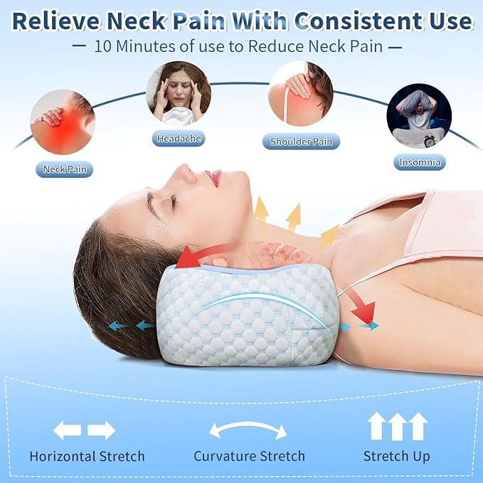 Neck Support Pillow, Small Neck Roll Pillow Memory Foam, Cervical Traction Device, Ergonomic Support for Stiff Neck, Camping & Travel Pillow with Removable Cooling Pillowcase and Portable Bag