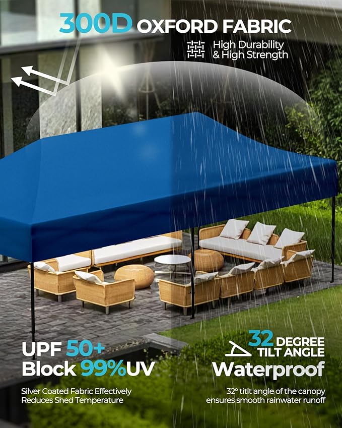 10x20 Canopy Tent with Roller Bag, Commercial Pop Up Canopy Tent, Adjustable Height with Pull Ring, Outdoor Canopy for Beach, Parties, UPF50+, 6 Stakes & 6 Sandbags & 6 Ropes, Blue