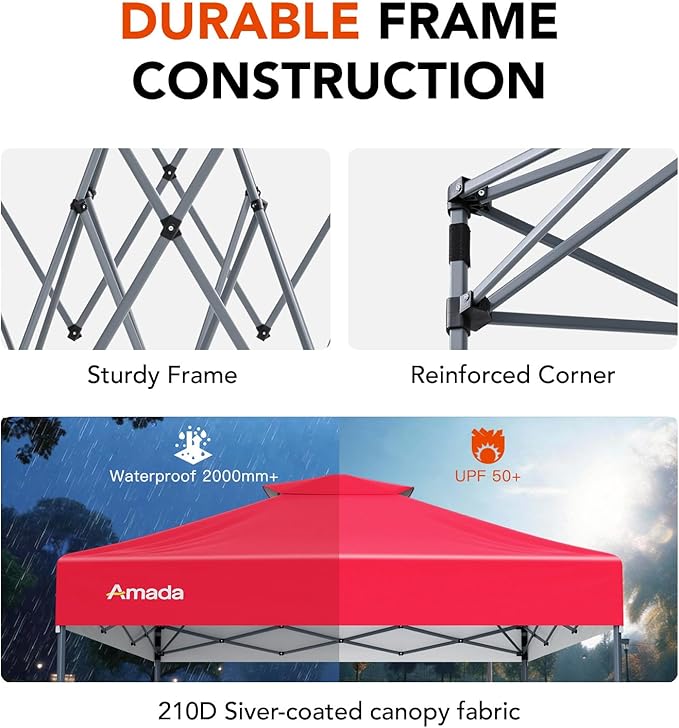 Amada 10x10 Pop Up Canopy - Center Lock One Push Instant Setup Gazebo Outdoor Canopy Beach Tent with STO-N-Go Bag 8 Stakes & 4 Sand Bags, 3-Height Adjustable Shade Shelter (10x10ft, Red)