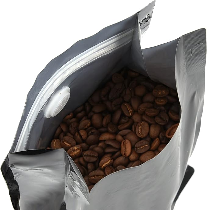 50 Pack Coffee Bags with Aluminum Foil and Degassing Valve, Resealable High Barrier Storage Bags, Odor-Proof for Coffee Beans, Stand Up Coffee Pouch, Flat Bottom (Small-8OZ, Black)