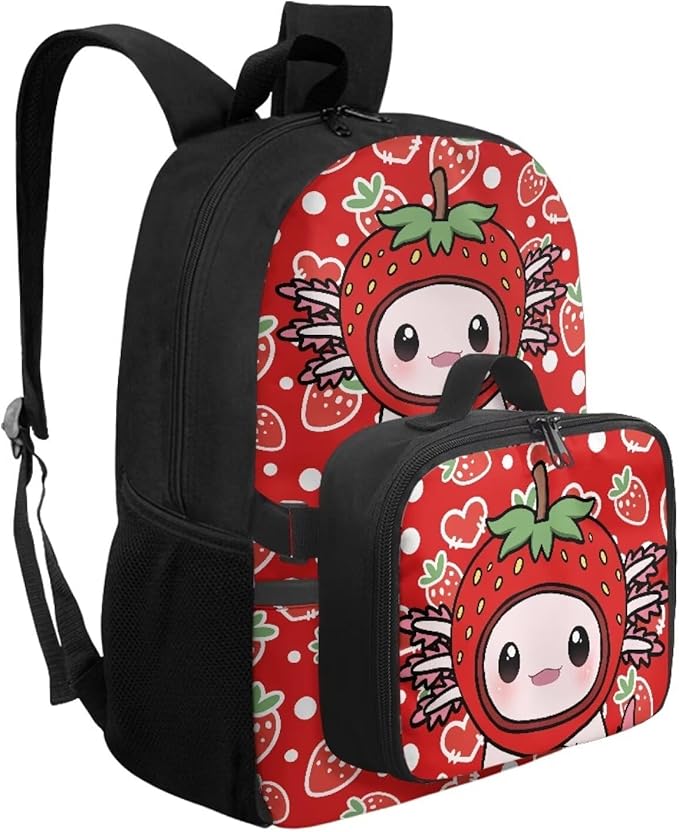 HUGS IDEA Strawberry Axolotl Backpacks for Girls Cute Kids Backpack with Lunch Box Cute Preschool School Bookbag for Kids 3-5 Large 17 Inch Schoolbag Lightweight Girls Book Bags Set