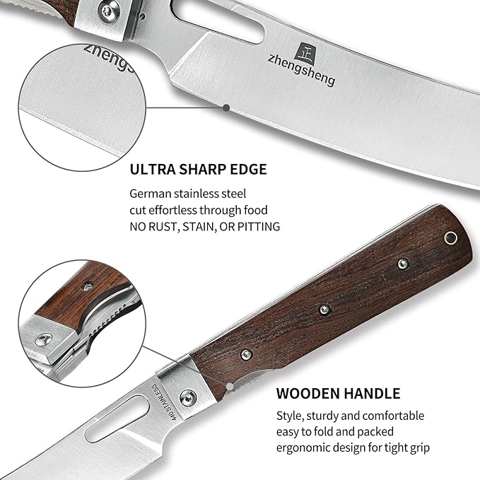 Folding Chef Knife with Nylon Pouch 4.8" Sharp 440A Stainless Steel Blade Wooden Handle Pocket Foldable Japanese Style Kitchen Knife for Outdoor Camping Cooking