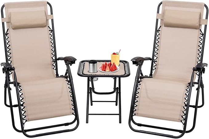 S AFSTAR Zero Gravity Chairs Set of 2, 3 PCS Folding Zero Gravity Lawn Chair Set with Side Table Cup Holders & Adjustable Headrest, Reclining Patio Chairs, Zero Gravity Lounger for Patio Poolside