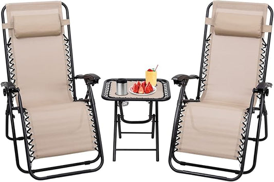 S AFSTAR Zero Gravity Chairs Set of 2, 3 PCS Folding Zero Gravity Lawn Chair Set with Side Table Cup Holders & Adjustable Headrest, Reclining Patio Chairs, Zero Gravity Lounger for Patio Poolside