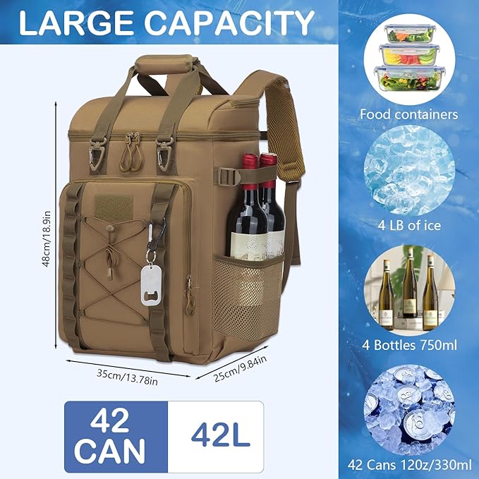 Tactical Cooler Backpack - 42 Cans Backpack Coolers Insulated Leak Proof for Men Adults, Soft Cooler Insulated Backpack for Lunch, Work, Camping, Hiking, Picnic, Beach & Travel
