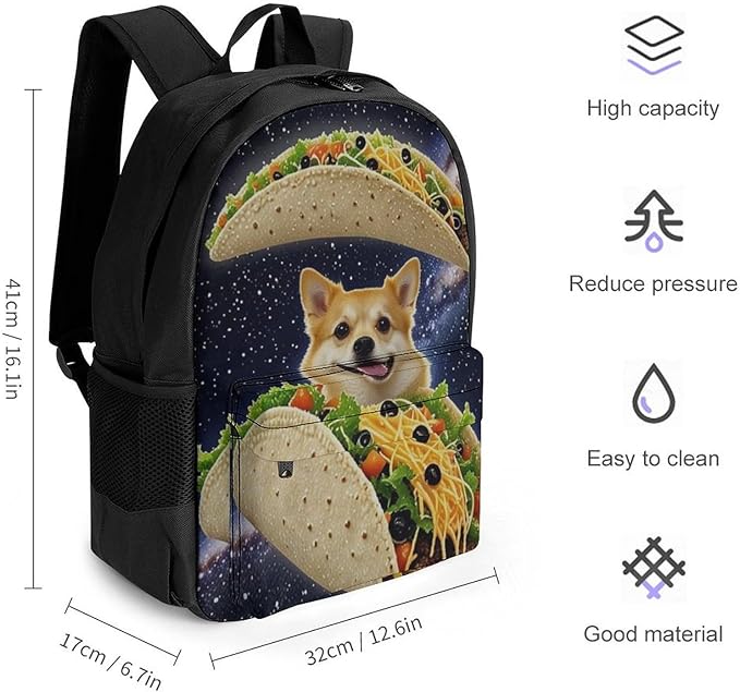Men Women Polyester Space Funny Corgi Dog Pizza Taco Daypack Big Capacity Shoulder Bag With Adjustable Shoulder Straps for Camping Travel Walking Cycling
