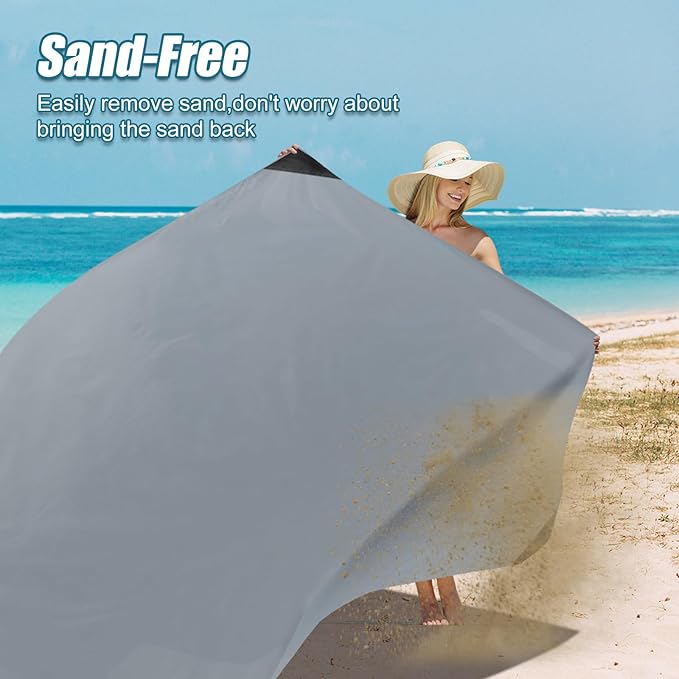 Odoland Pocket Blanket Picnic Blanket, 71" x 63" SandProof Waterproof Outdoor Beach Blanket with Portable Bag, Foldable Lightweight Sand Free Quick Drying Beach Mat for Hiking Camping Travel,Grey