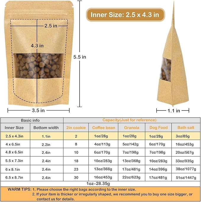 Blisstime Stand Up Pouches, 50 Pack Kraft Paper Bags with Matte Window and Tear Notch Resealable Bags for Small Business Home Use (2.5 x 4.3 Inches)