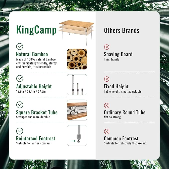KingCamp Bamboo Folding Table, Camping Outdoor Portable Camp Table with Adjustable Height legs & Carry Bag for Outdoor RV Backyard Picnic Tailgating Beach