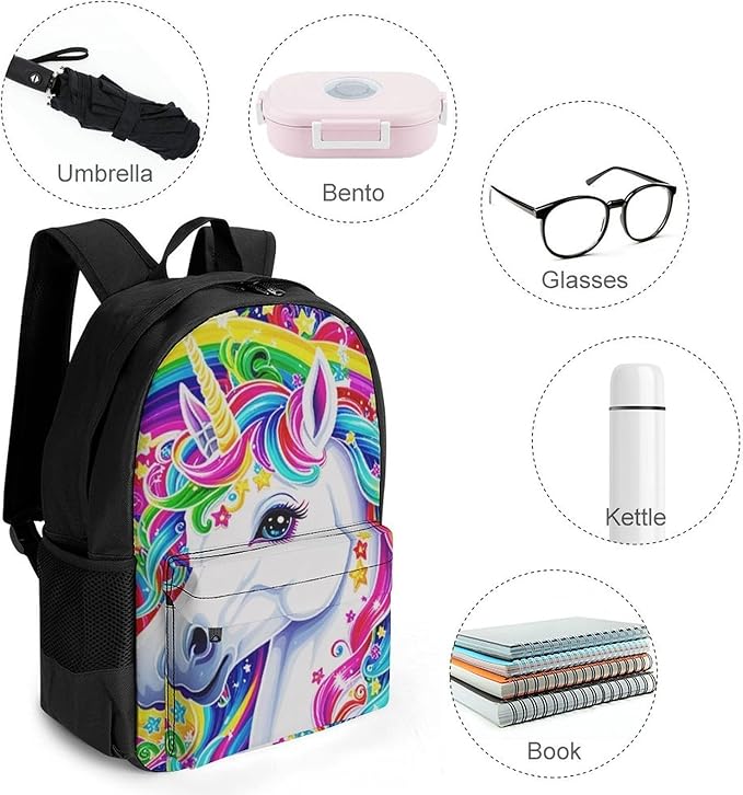 Rucksack Polyester Anti-Theft Multipurpose Colorful Rainbow Unicorn Bookbag Big Capacity Travel and Sport Backpack Rucksack With Side Pockets