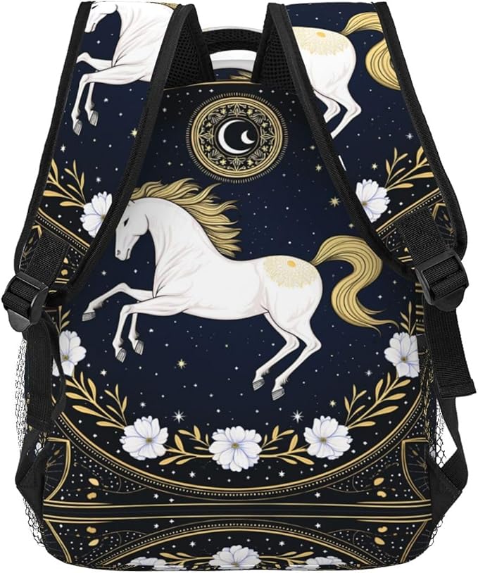 Daypack Bookbag Anti-Theft Multipurpose Large Capacity Bookbag, Running White Horse Starry Sky Flowers Elegant Art Travel Hiking Camping Rucksack With Adjustable Shoulder Straps