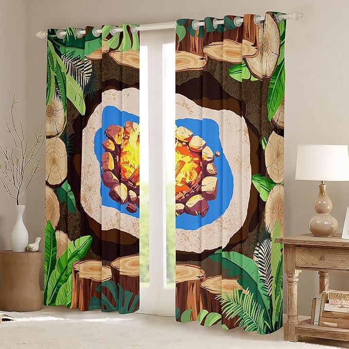 Camper Adventure Blackout Curtains,Bonfire Campfire Camp Adventue Window Drapes,Palm Leaf Tropical Plant Rustic Nursery Bedroom Playroom Decor,Brown 2 Panels,42Wx84L inch