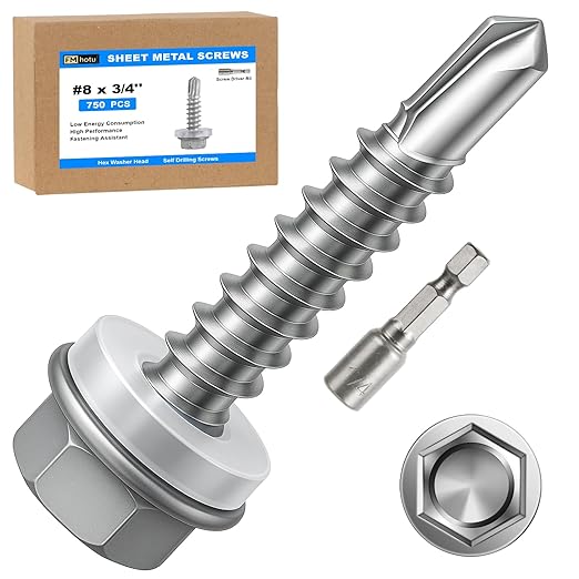 750Pcs Self Tapping Screws, Sheet Metal Screws #8x3/4, Self Drilling Screws for Metal with Hex Washer Head