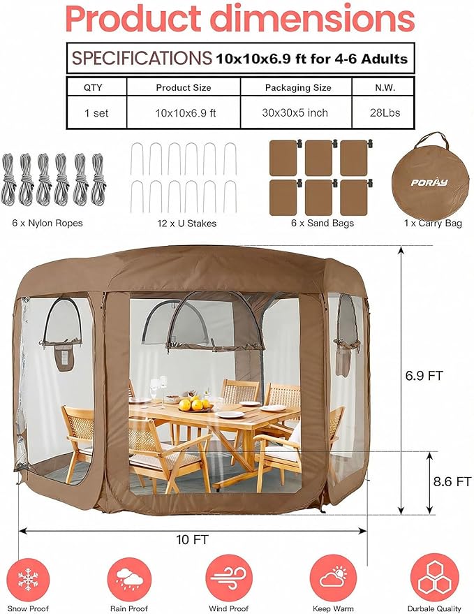 Porayhut Pop up Bubble Tent Screen House 10’X10’Large Camping Sun Shelter,Weather and Cold Proof Pod with Detachable Sunshade Cloth,Waterproof Floor,2 Zipper Doors & 4 Mesh Breathable Windows