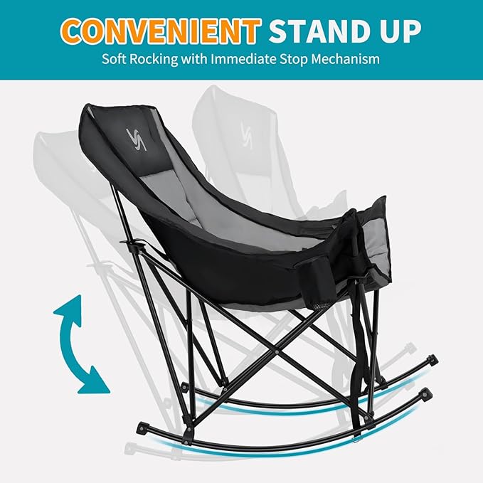 Oversized Rocking Camping Chair for Adults - Padded Recliner Rocker - Folding Lawn Chair with Cooler Bag and Pockets - Portable Rocker Chair Outdoor for Camp Patio Backyard