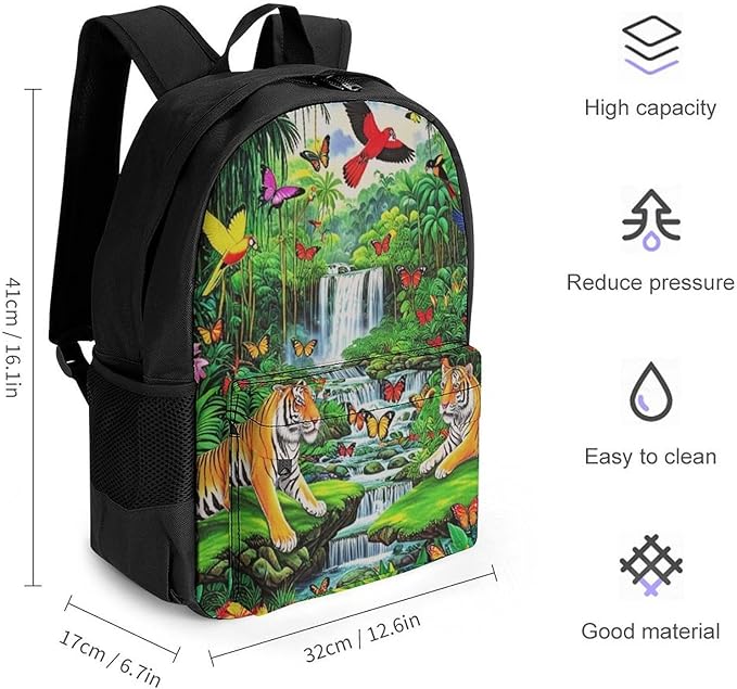 Supdreamc Daypack Bookbag Multipurpose Anti-Theft Big Capacity Carry On Bag, King Of The Tiger Tropical Rainforest Landscape Jungle Parrot Birds Travel Hiking Camping Rucksack With Padded Straps