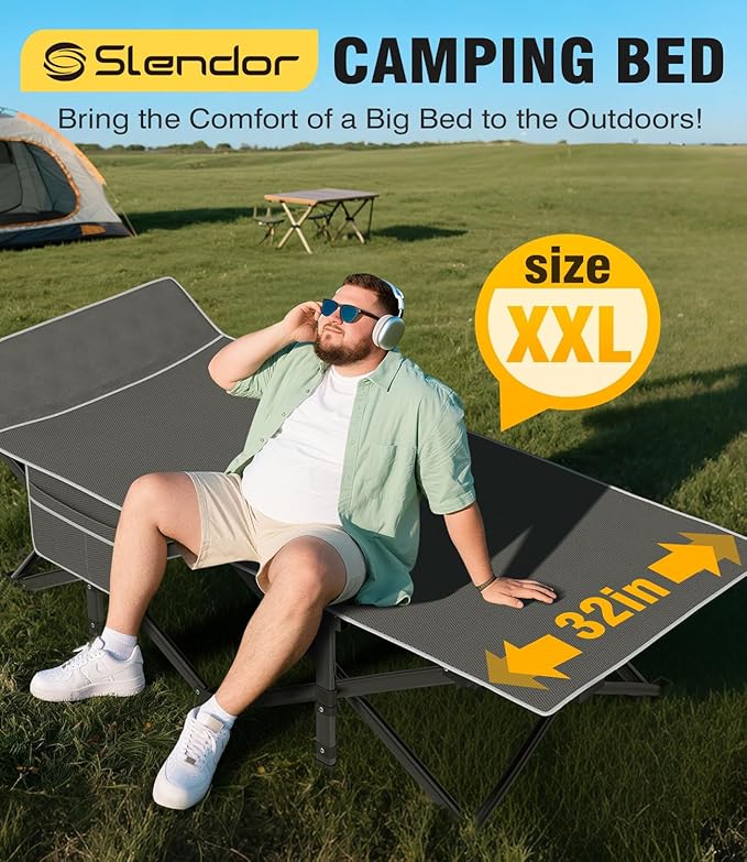 Slendor Oversized Camping Cot XXL, 79" L x 32" W x 19" H Folding Cots for Adults with Mattress, Carry Bag, Cots Bed for Tent, Office, Support 900lbs