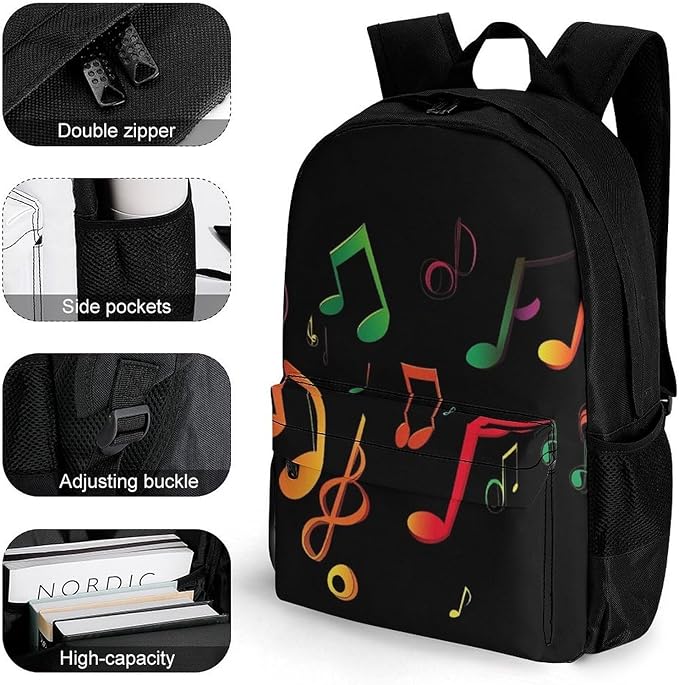 Supdreamc Lightweight Daypack for Camping Business Walking Cycling, Large Capacity Anti-Theft Multipurpose Bookbag, Colorful Music Note Black Gym Outdoor Hiking Backpack
