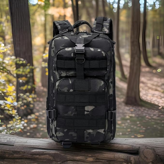 30L Comfortable Durable Military Tactical Backpack w/USA Flag Patch, MOLLE Hiking Camping Travel Bag,（black camouflage）