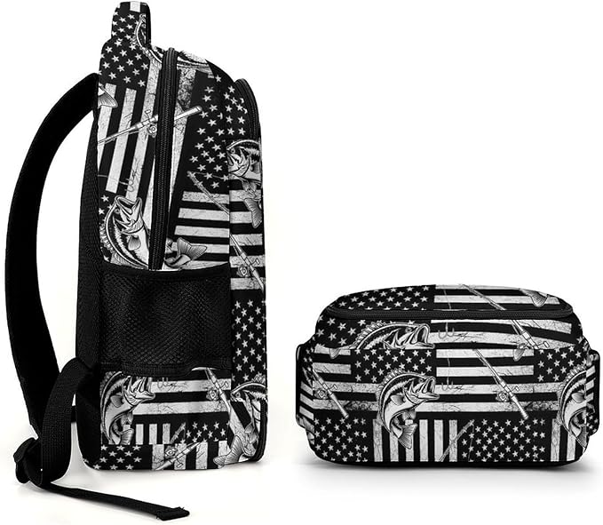 Waterproof Hiking Backpack Black And White American Bass Fishing Flag, Anti Theft Travel Laptop Rucksack with Multi Compartments for Men Women Outdoor Sports