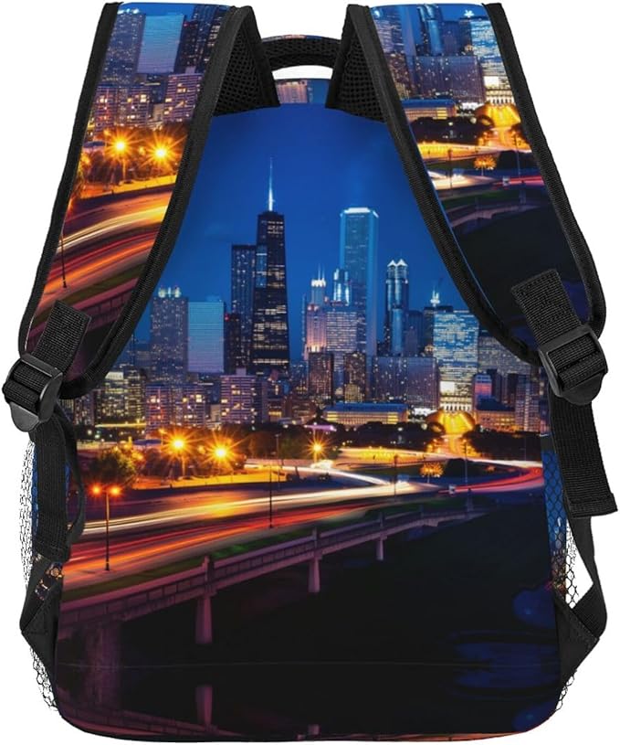 Rucksacks Polyester Anti-Theft Multipurpose Usa Chicago City Skyline Night View Art Carry On Bag Large Capacity Gym Outdoor Hiking Backpack With Smooth Zippers