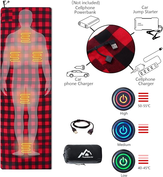 Heated Sleeping Bag pad, Heated Sleeping Bag Liner, 5 Heating Zones, Multi USB Power Supported, Operated by Battery Power Bank or Other USB Power Supply, Compact Bag Included.