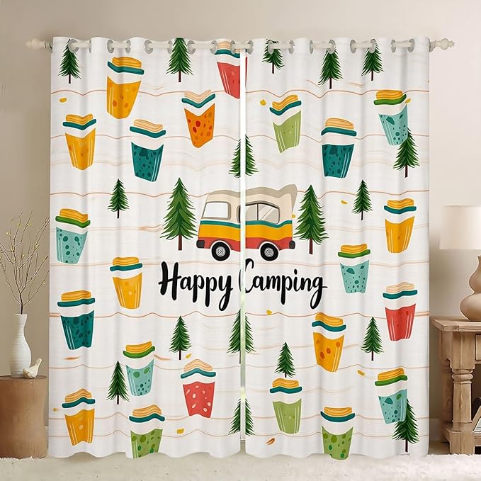 Erosebridal Happy Camping Window Curtains 42" Wx90 L Summer Camp Camper Blackout Curtains for Bedroom Living Room,Camping Adventure Window Treatments Travel Car Rv Forest Drapes Decor 2 Panels
