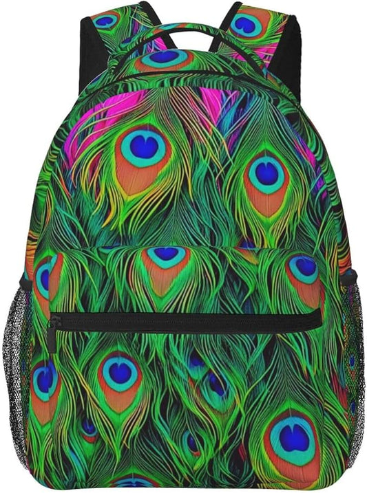 Shoulder Book Bags Anti-Theft Multipurpose Big Capacity Bookbag, Colorful Peacock Feather Art Travel Hiking Backpack With Smooth Zippers