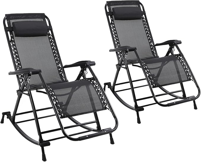 Set of 2 Outdoor Rocking Chairs, Foldable Reclining Zero Gravity Lounge Rocker with Pillow, Cup & Phone Holder, Combo Design with Folding Legs