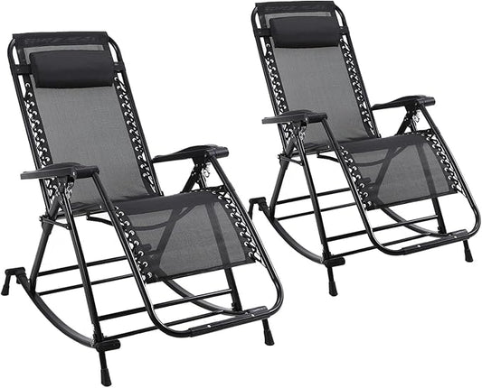 Set of 2 Outdoor Rocking Chairs, Foldable Reclining Zero Gravity Lounge Rocker with Pillow, Cup & Phone Holder, Combo Design with Folding Legs
