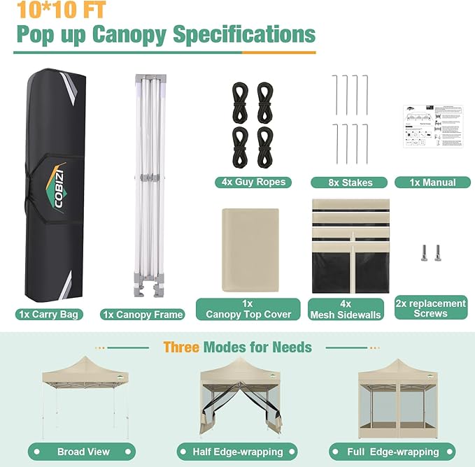 COBIZI 10x10 Canopy Tent, Heavy Duty Pop up Canopy with Sidewalls, Waterproof Easy Setup Canopy with Mosquito Netting, Outdoor Instant Screen Tents for Parties, Wedding, Backyard with Carry Bag, Khaki