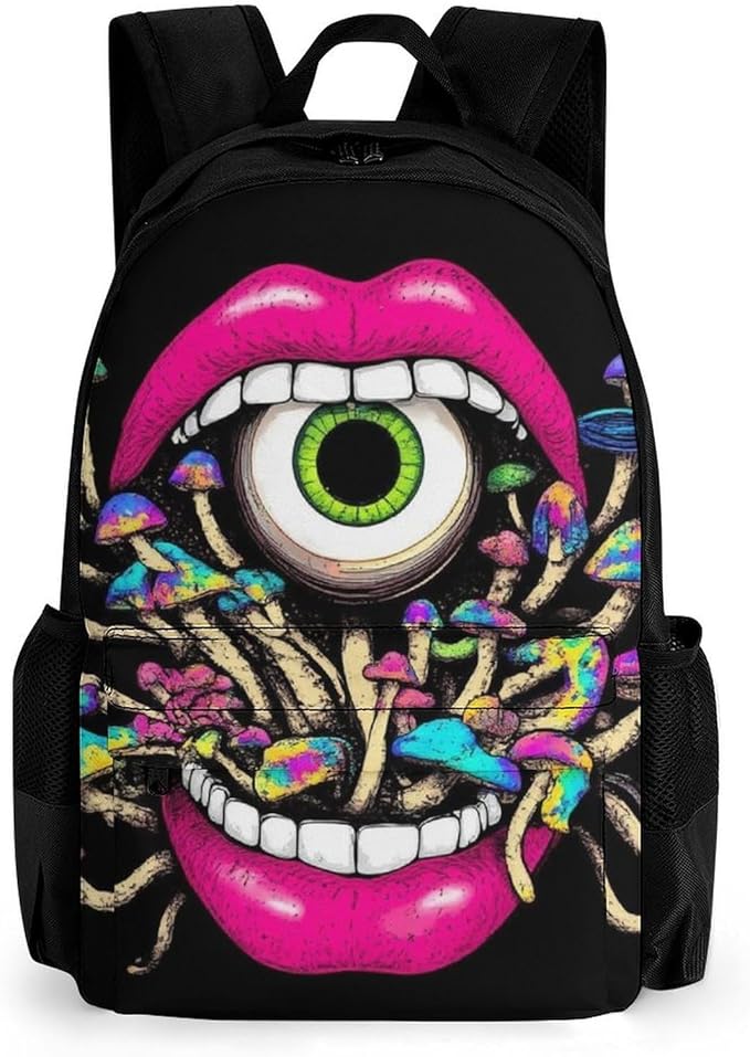 Men Women Lightweight Trippy Mushroom Lip Art Casual Daypack Big Capacity Bookbag With Padded Straps for Gym Travel Walking Cycling