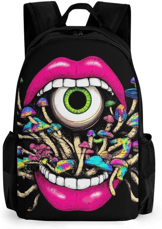 Men Women Lightweight Trippy Mushroom Lip Art Casual Daypack Big Capacity Bookbag With Padded Straps for Gym Travel Walking Cycling