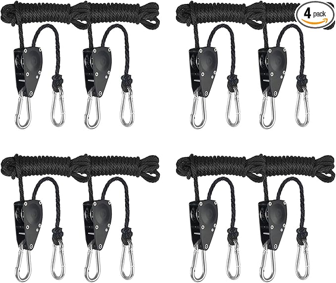 iPower GLROPEMG4X4 4-Pair 1/4 Inch 8-Feet Long Heavy Adjustable Duty Rope Clip Hanger Reinforced Metal, Black