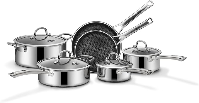 SNOWCLAD Pots and Pans Set Non Stick, 9 Pcs Hybrid Stainless Steel Cookware Sets, Non Stick Frying Pans, Saucepans, Saute Pan & Stock Pot, PFOA Free Kitchen Skillet,Induction Compatible