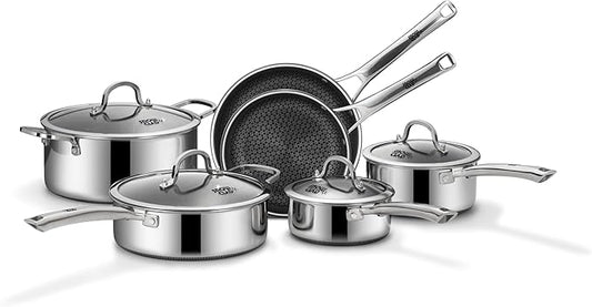 SNOWCLAD Pots and Pans Set Non Stick, 9 Pcs Hybrid Stainless Steel Cookware Sets, Non Stick Frying Pans, Saucepans, Saute Pan & Stock Pot, PFOA Free Kitchen Skillet,Induction Compatible