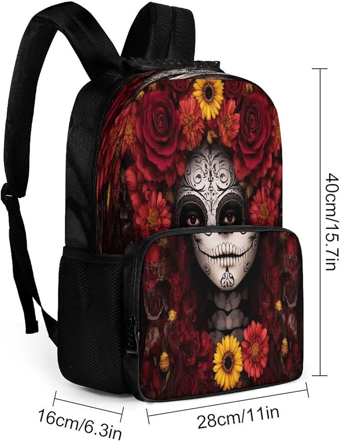 Lightweight Daypack Backpack for Sports Travel Running, Large Capacity Multipurpose Anti-Theft Bookbag, Mexican Day Of The Dead Sugar Skull Floral Women Art Laptop Backpack Daypack