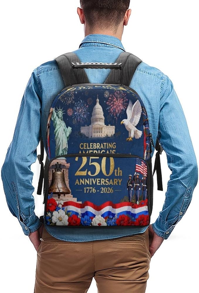 Men Women Polyester 250 Years 1776-2026 250th Birthday Eagle Liberty Art Daypack Big Capacity Shoulder Bag With Smooth Zippers for Hiking Work Walking Cycling