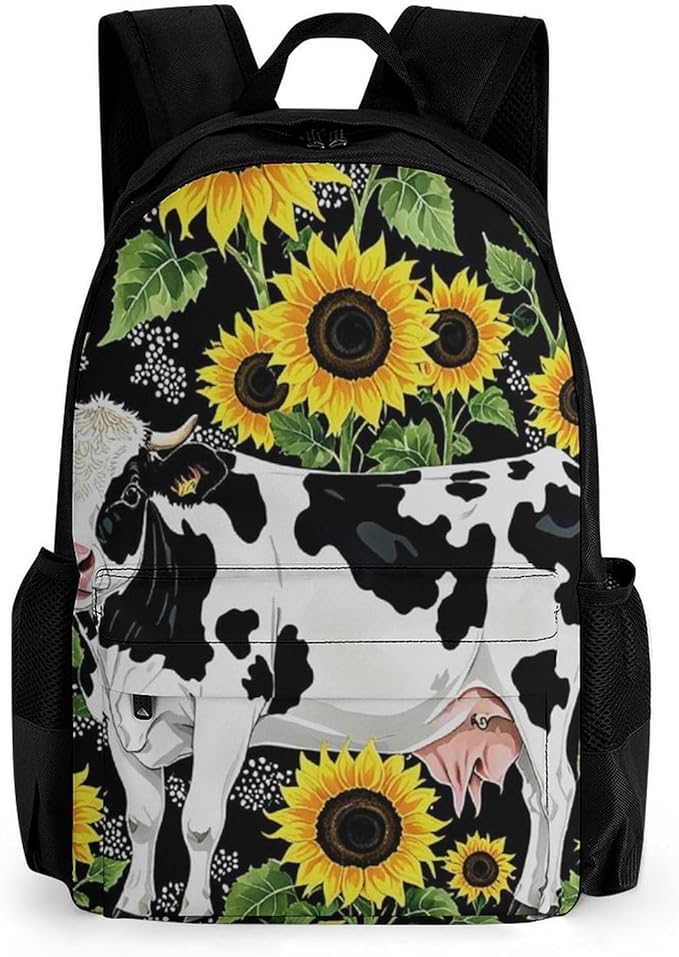 Supdreamc Polyester Daypack for Hiking Work Running, Big Capacity Anti-Theft Multipurpose Shoulder Bag, Farm Cow Sunflower Print Travel and Sport Backpack Rucksack