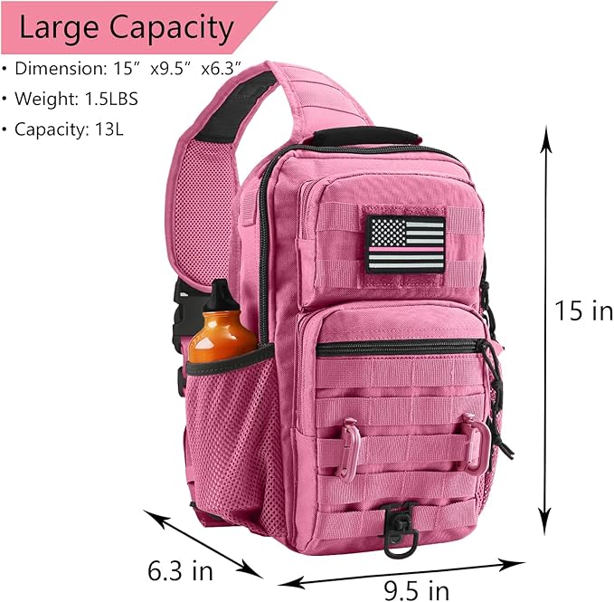 Rover Sling Pack Tactical Shoulder Sling Bag Backpack with Bottle Holder Crossbody Chest Bag, Pink