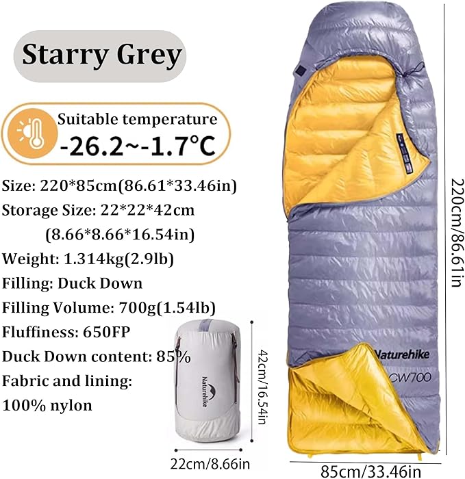 Naturehike CW700[2025 Upgrade] Ultralight Down Sleeping Bag [ -26.2°C~-1.7°C,1074g] All Season Camping Sleeping Bags for Cold Weather Adults Backpacking,Hunting and Campers with Storage Bag