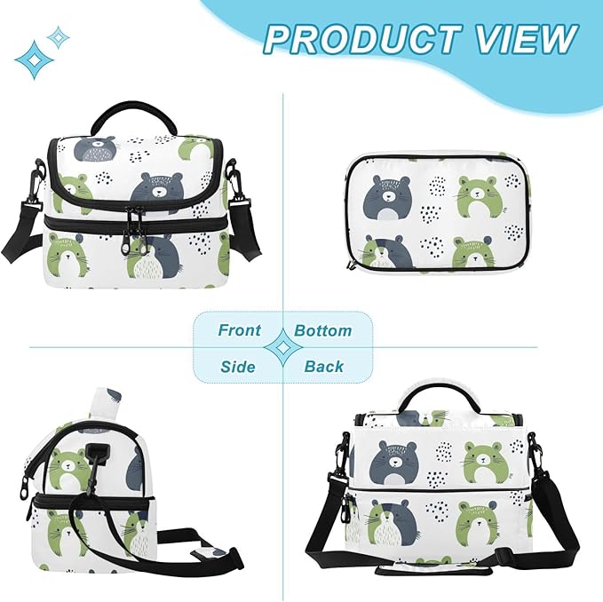 Double-layer Lunch Bag safaris Simple Bears Green Soft Cooler Cooling boxes? with Detachable Shoulder Strap for Beach, Camping, Road Trips