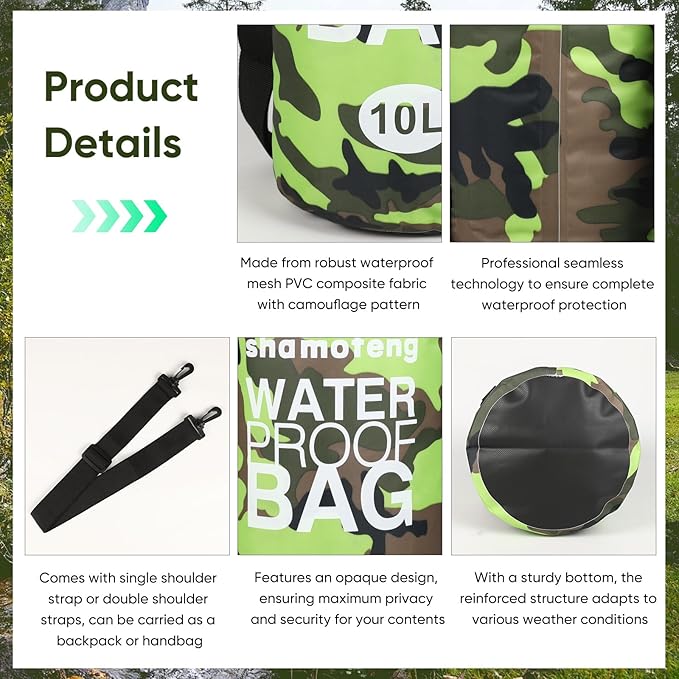 Waterproof Dry Bag 5L/10L/15L/20L/30L Roll Top Dry Storage Backpack with Phone Case, Collapsible Water Bottle, Sunglasses, Ear Band for Kayaking Boating Swimming Fishing Camping, Green 5L
