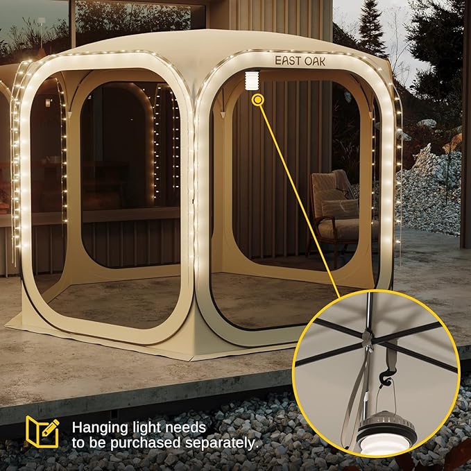 East Oak Screen House Tent Pop-Up, Portable Screen Room Canopy Instant Pop Up Screen Tent 12 x 12 FT with Carry Bag for Patio, Backyard, Deck & Outdoor Activities, Beige