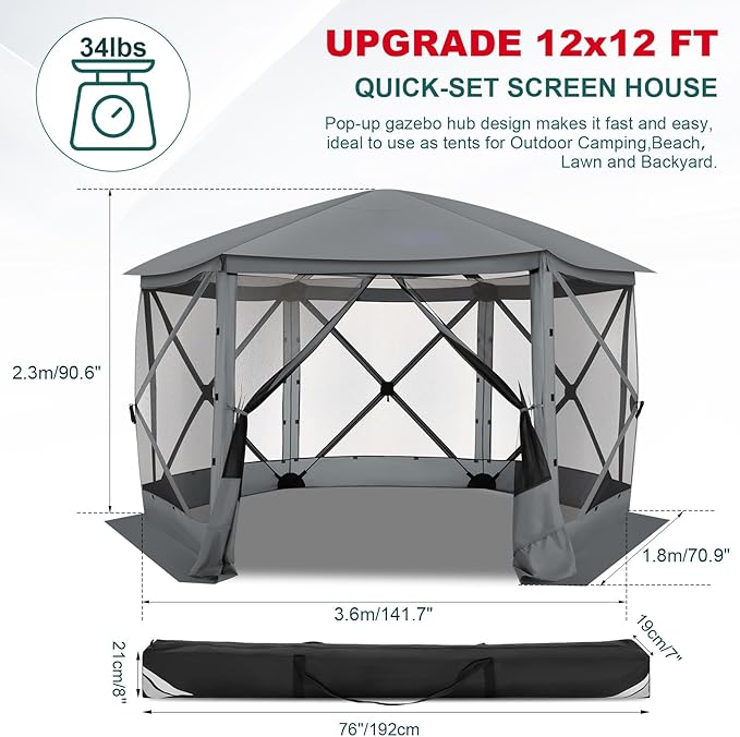 COBIZI 12x12 FT Pop Up Canopy Stargazing Tent, Gazebos On Clearance with Removable Roof,Instant Screened in Gazebo, Screen Tents Portable carpas para Patio for Outdoor Camping,Backyard, Garden,Gray